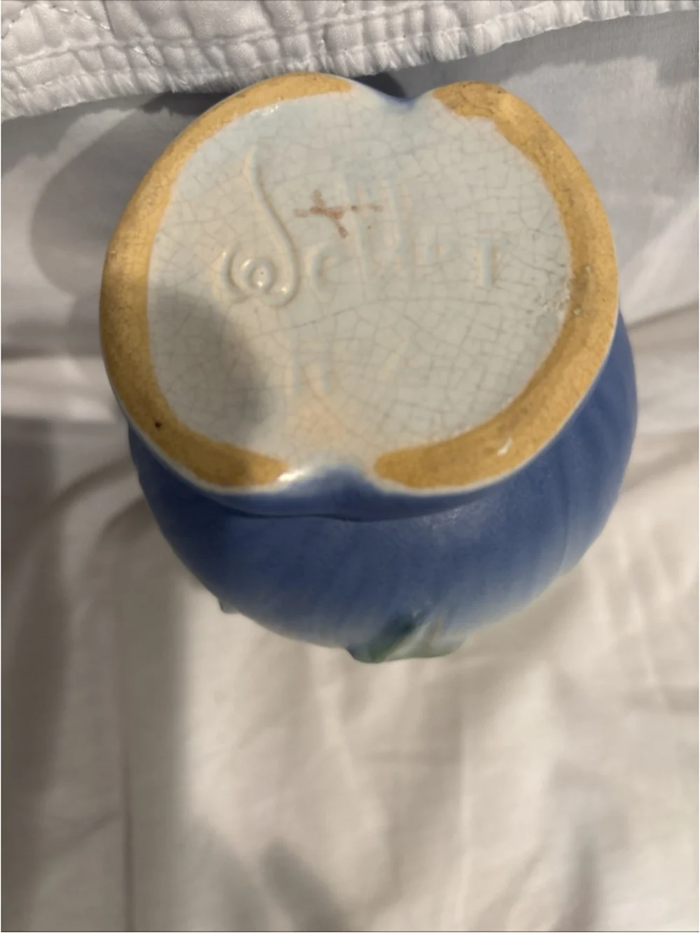 Weller Pottery Roba R-2 Double Handled Vase 1927-35 Blue with Mauve Flowers 6.5”